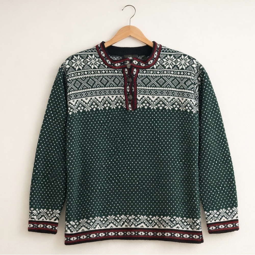 L.L. Bean Fair Isle Cotton Sweater Pullover with Pewter Buttons